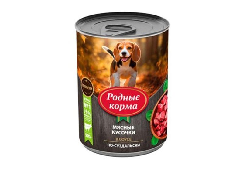 Консервированный корм для щенков "мясные кусочки в соусе по-суздальски", банка 970 гр